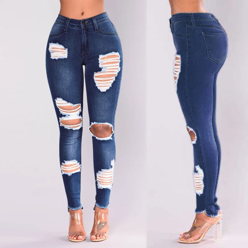 woman distress jean Washed Hollow Out hole stitched elastic flared pants high waist jeans for women ripped stacked jeans