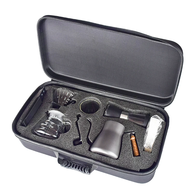 Q ecocoffee set travel bag drip coffee maker set coffee grinder Scale with Timer Pour Over Kettle 850ML with theromemter