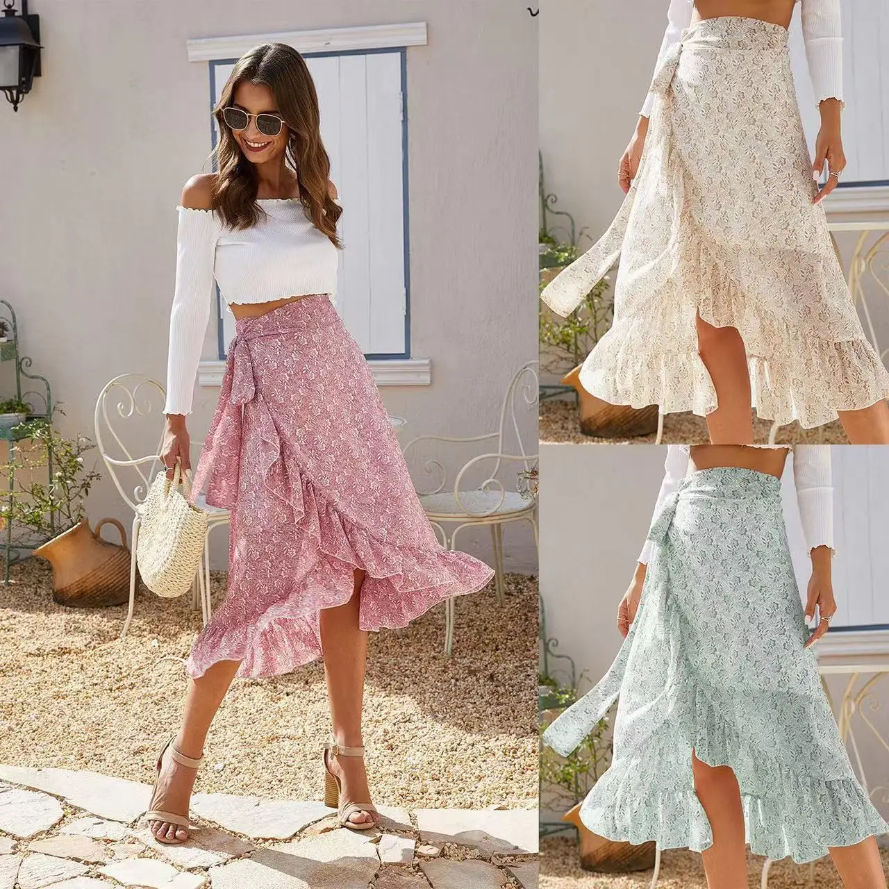 Irregular chiffon floral skirt with straps and slits