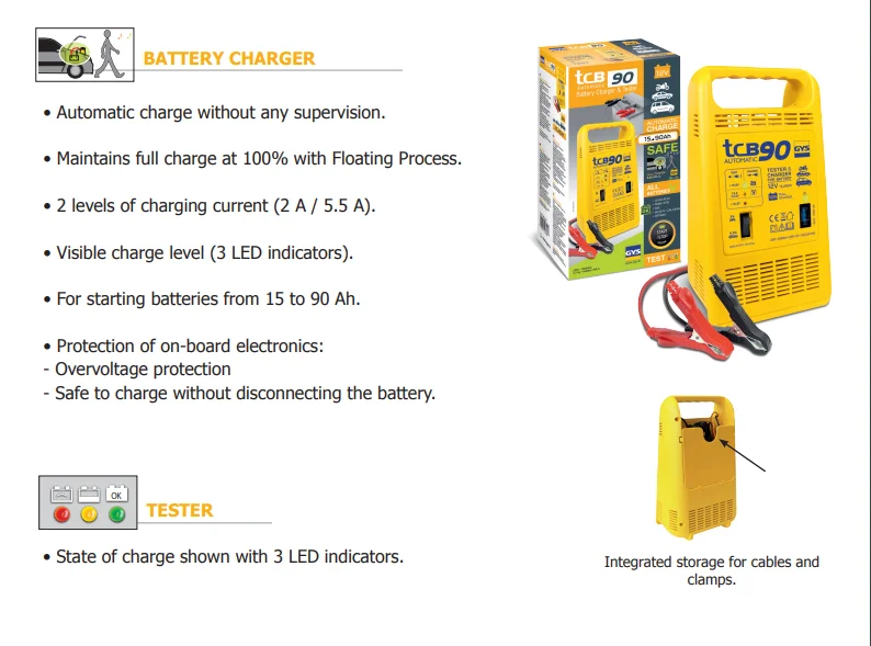 GYS-023260-TCB90 12V Battery charger and tester suitable for both lead acid and gel batteries durable Portable large capacity