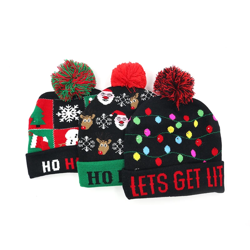 
Adult Christmas Led lights beanie with pompom Christmas knit hat with pompoms 