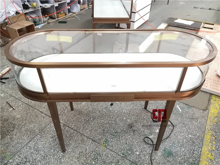 Luxury Store Metal Stainless Steel Round Glass Display Cabinet Counter Custom Luxury Jewelry Showcase Factory