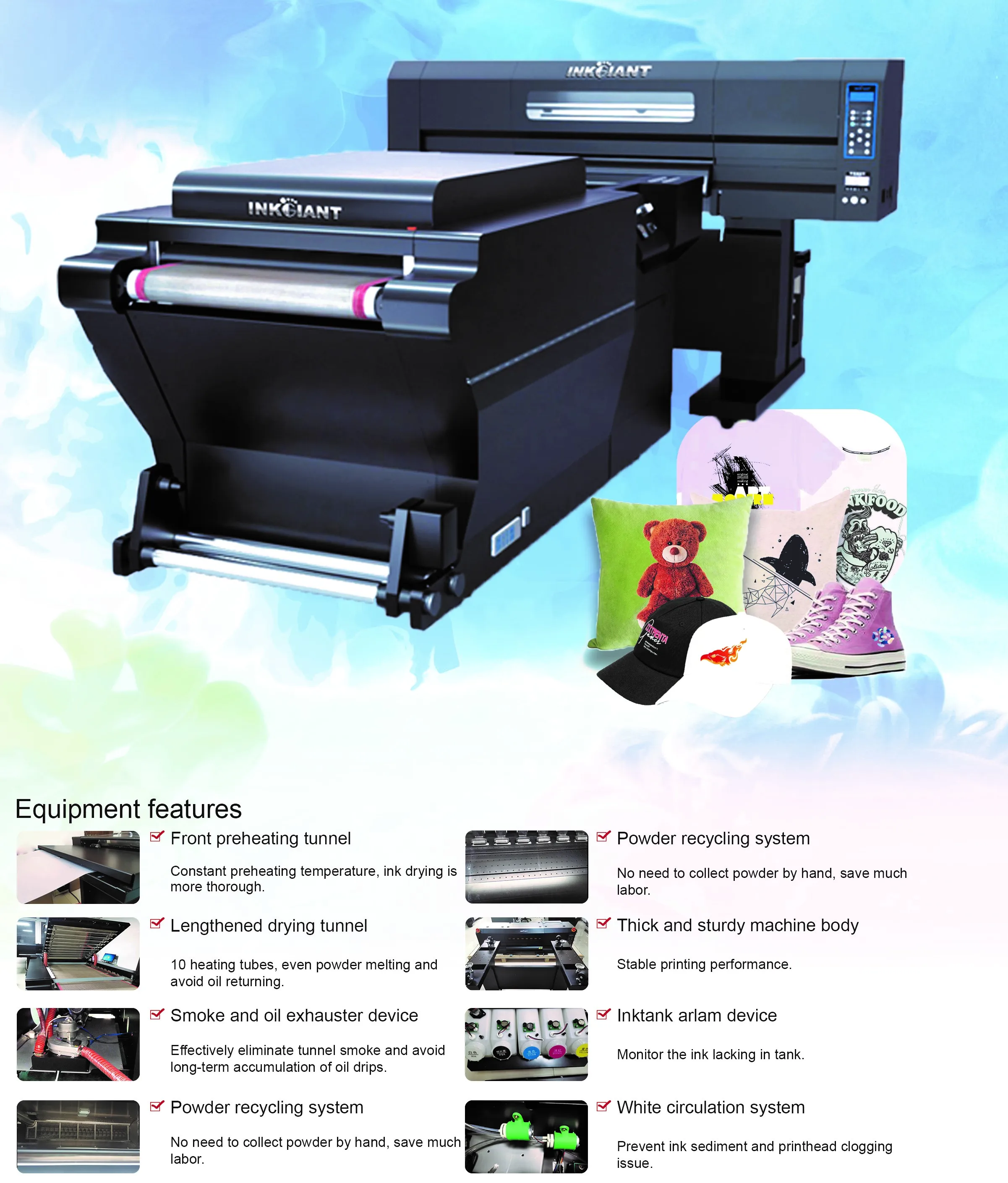 Efficient T-shirt printer with 4 pcs 3200 head white circulation system powder shaker dryer