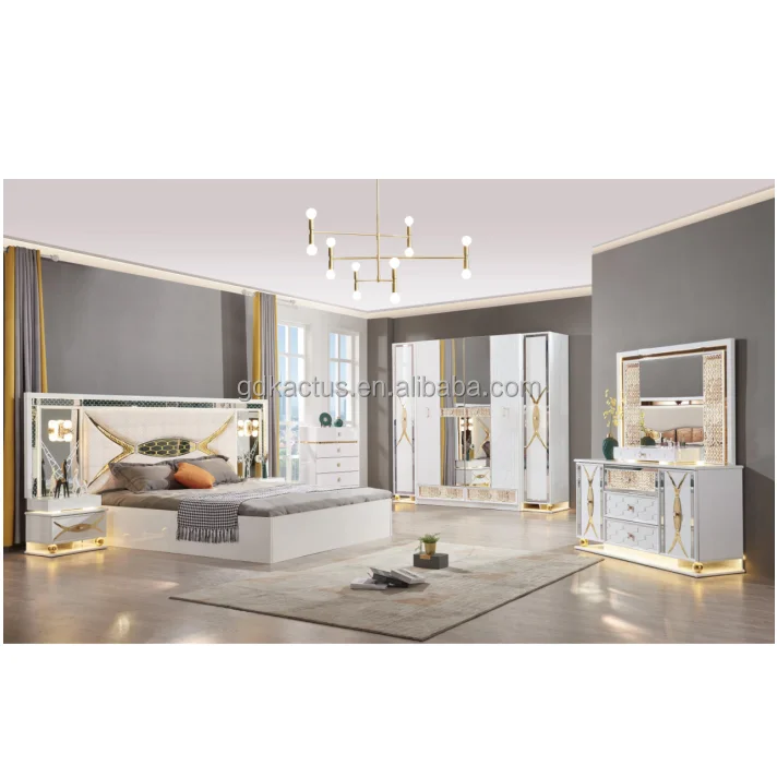 2023 brand new Luxurious king bedroom furniture sets LED lighted modern high gloss complete king size bedroom sets