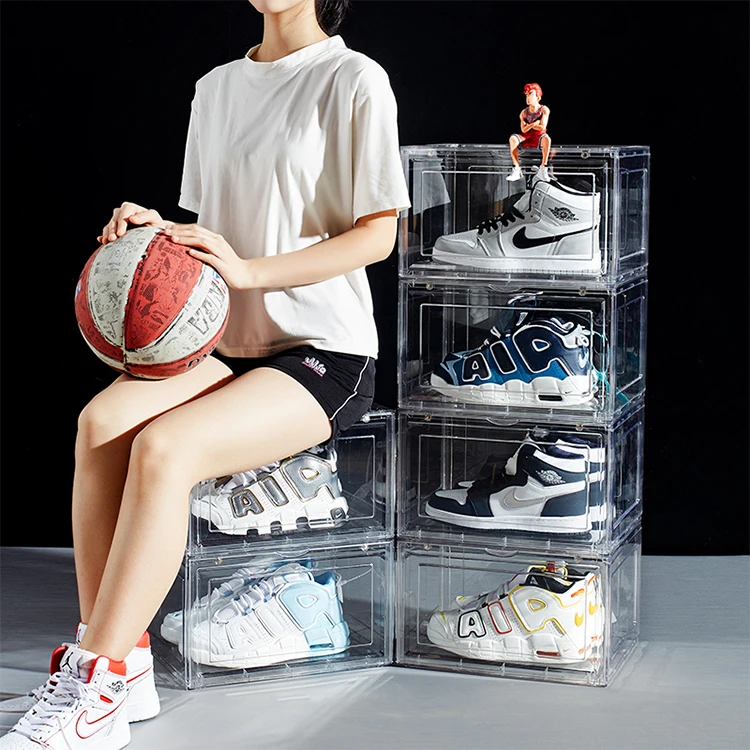 Ready to ship High Quality Transparent Detachable Stackable Large Plastic PET Storage Sneaker Shoe Box with Magnetic Door