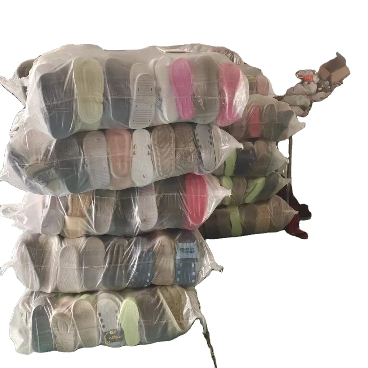 Used rubber slippers are a mix of old and new