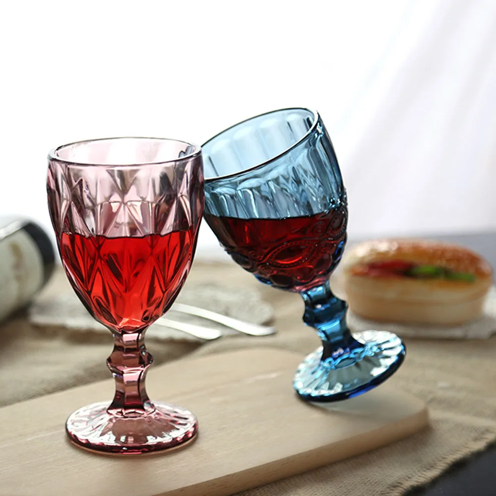 Wholesale Hot Selling Amber Pink Clear Colored Glass Water Goblet Cups Wedding Vintage Blue Wine Goblet Glass Copas