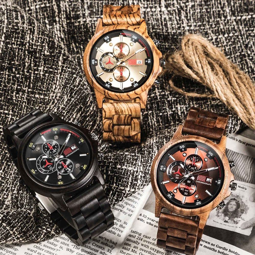 Лидер продаж Amazon, деревянные мужские часы, роскошные стильные деревянные часы, хронограф, военные кварцевые часы в деревянной подарочной коробке