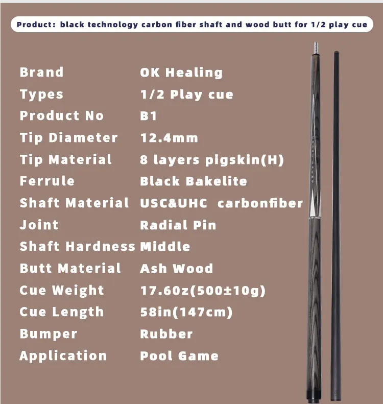 High Quality 12.4mm Billiard Stick Unique Butt Billiards Carbon Filber Pool Cue