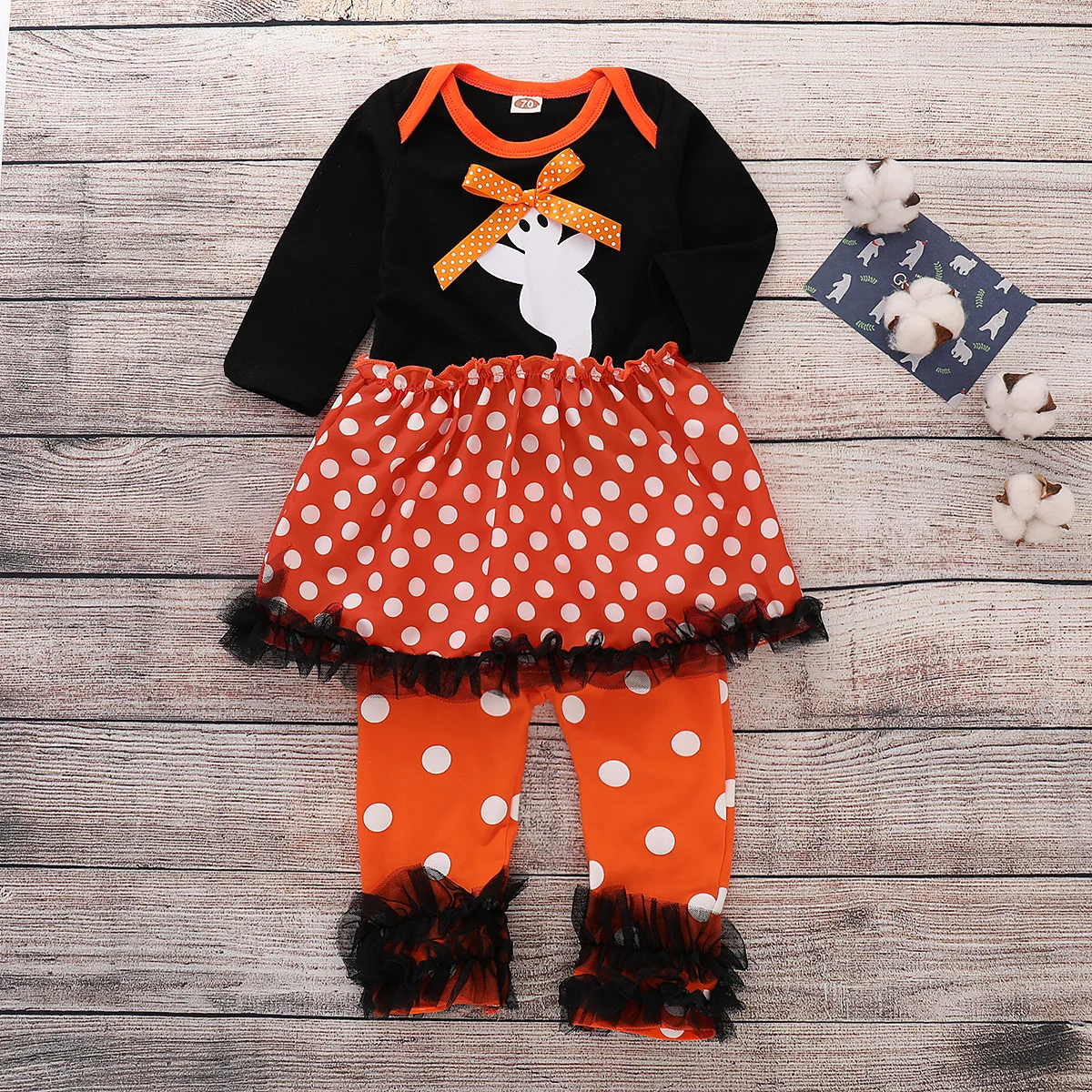 Baby Long Sleeve Polka Dot Mesh Skirt Lace Top + Polka Dot Print Pants Halloween Two-Piece Set clothing baby