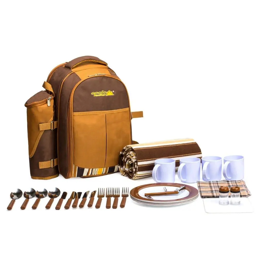 Picnic Backpack 4 Person Picnic Bag With Cooler Compartment Detachable Bottle Wine Holder Fleece Blanket Plates and Cutlery