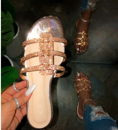 
Factory direct sale cheap ladies flat slippers rhinestone sequin casual slide slippers 