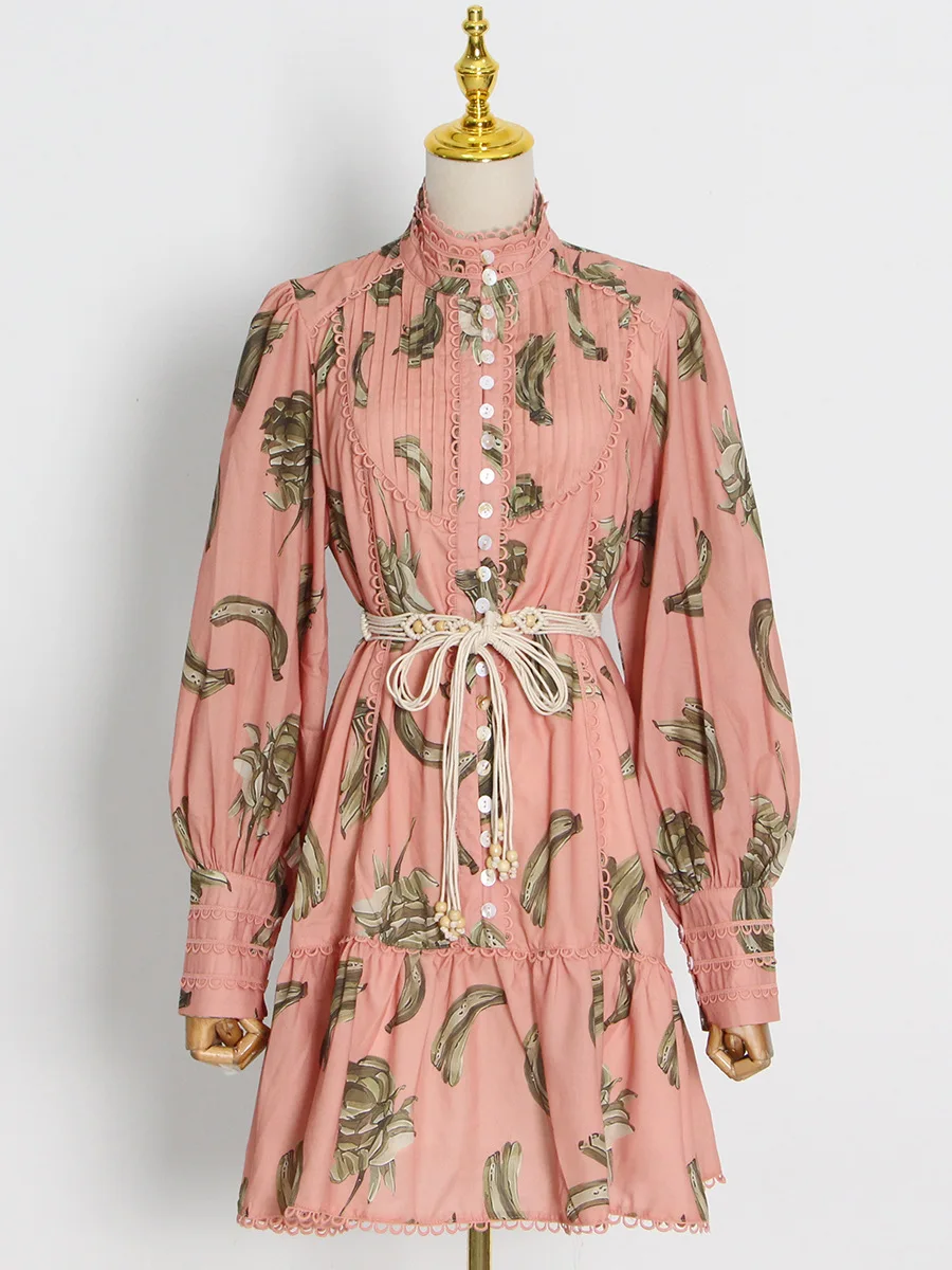 2023 Grace Ladies Casual Patchwork Lace Cutout Ruffle Mini Ladies Dress Hawaiian Plantain Pattern Elegant Casual Dress