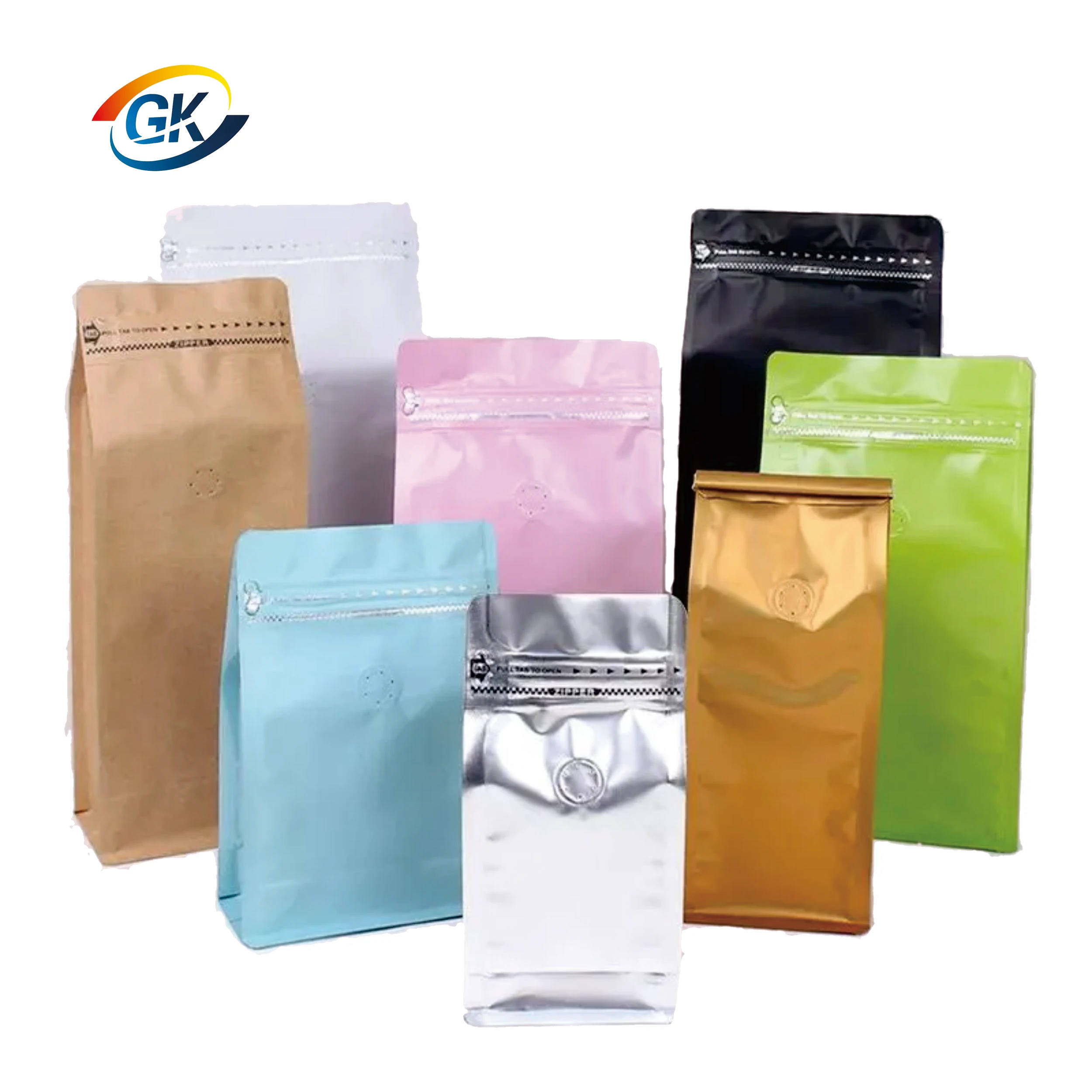 Customize Flat Bottom Pouch Kraft Paper Coffee Bags Eight Side Sealing Bag For Heat Sealed With Air Valve Gloss Frosted Film