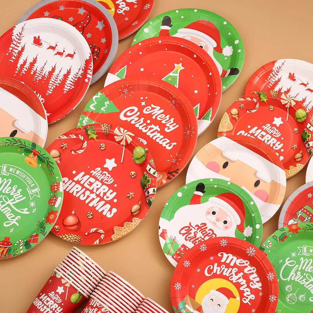 Holiday Disposable Tableware Paper Plates And Tea Cup Set For Christmas Party Dinnerware Sets