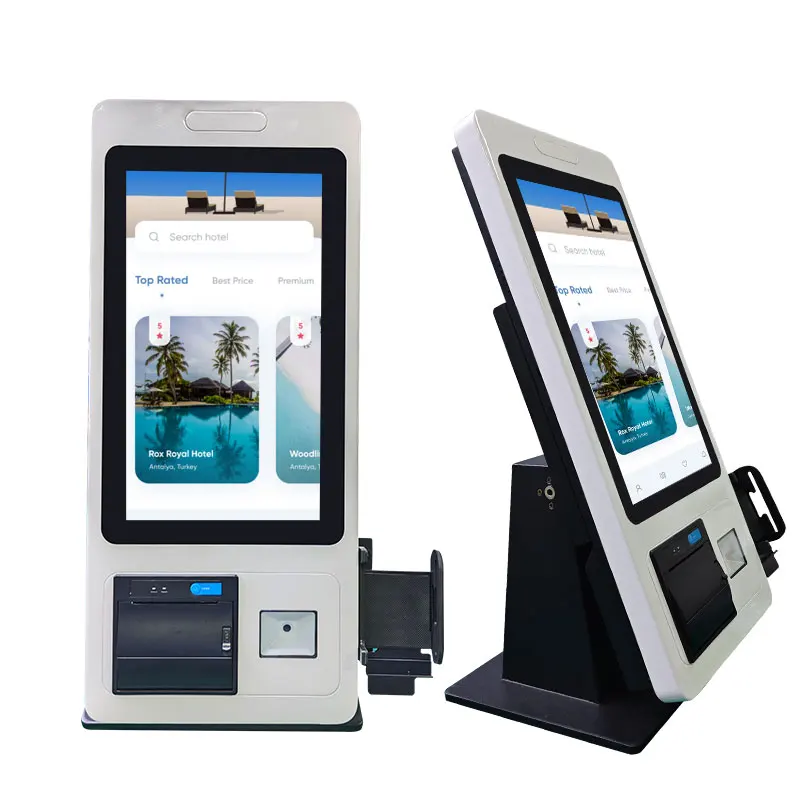 Self service 15 21 23 inch terminal kiosk 80mm printer barcode reader POS bracket touch screen payment kiosk with desktop base