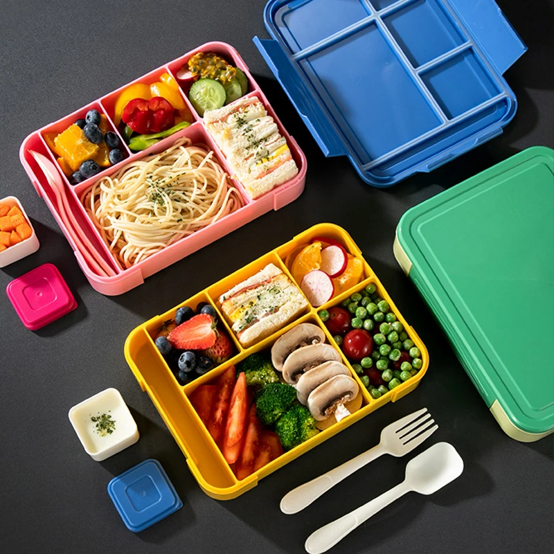 BPA-Free Leakproof Bento Lunch Container 6 Compartments Separate Sauce Box High Quality Salad Snack Container Cutlery Set Travel