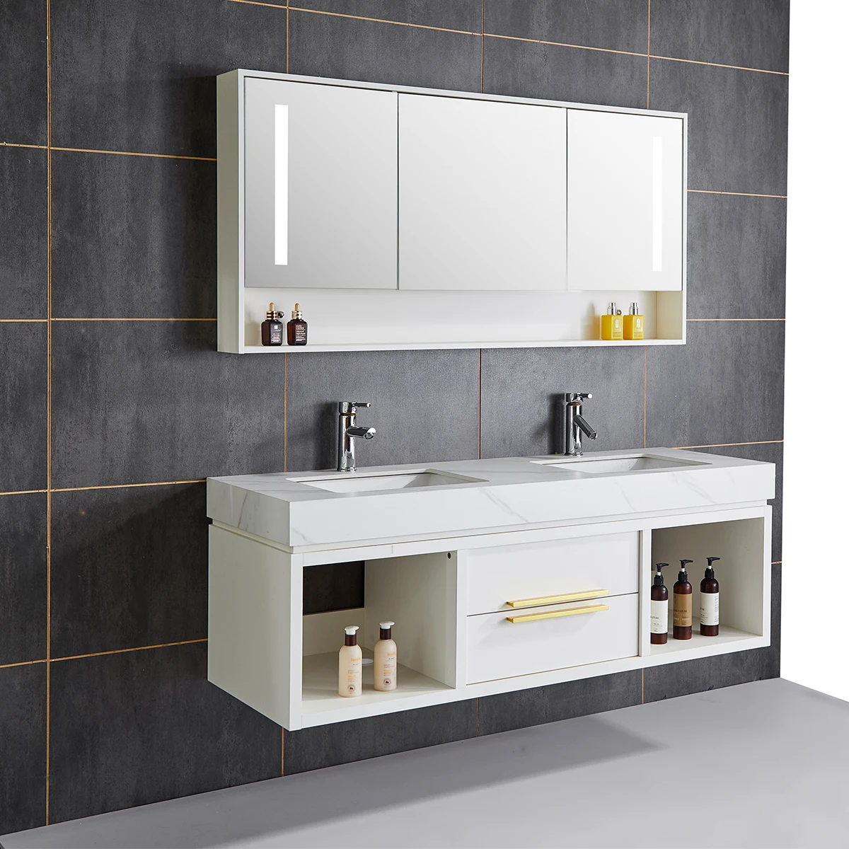 New Design WHOLESALE LUXURY 1500mm wooden bathroom vanity Cabinet with led cabinet