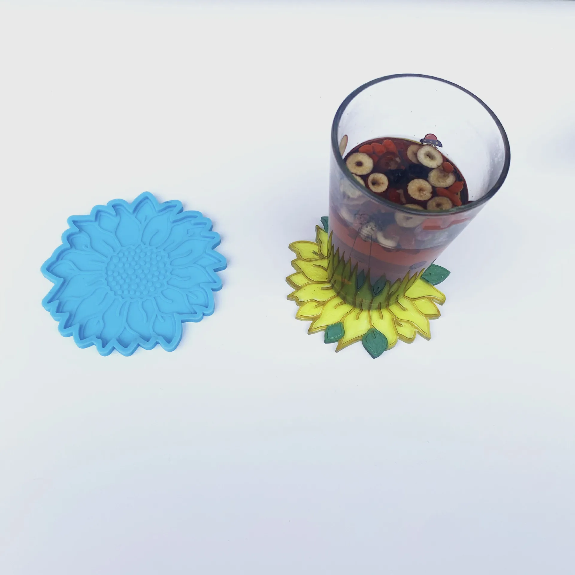 W024 resin  2 piece combination sunflower coaster silicone mold for Epoxy craft