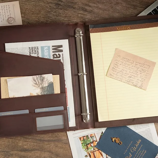 Thin Padfolio 3 Ring Binder,PU Leather Portfolio with A4 Legal Pads, Resume Folders for Interview, Gift, Dark brown, Customized