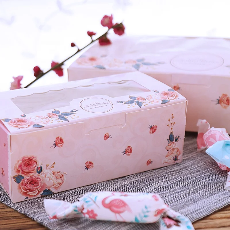 Wedding Party Pink Rose Wreath Gift Kraft Candy  Cupcake Food Packaging Cake Cookies Paper Box With Window