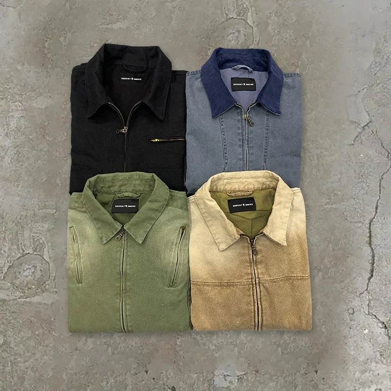 Customized Workwear Jacket Zip Up Cotton Duck Canvas Faded Acid Wash Distressed Vintage Carpenter Detroit Work Bomber Jacket Men