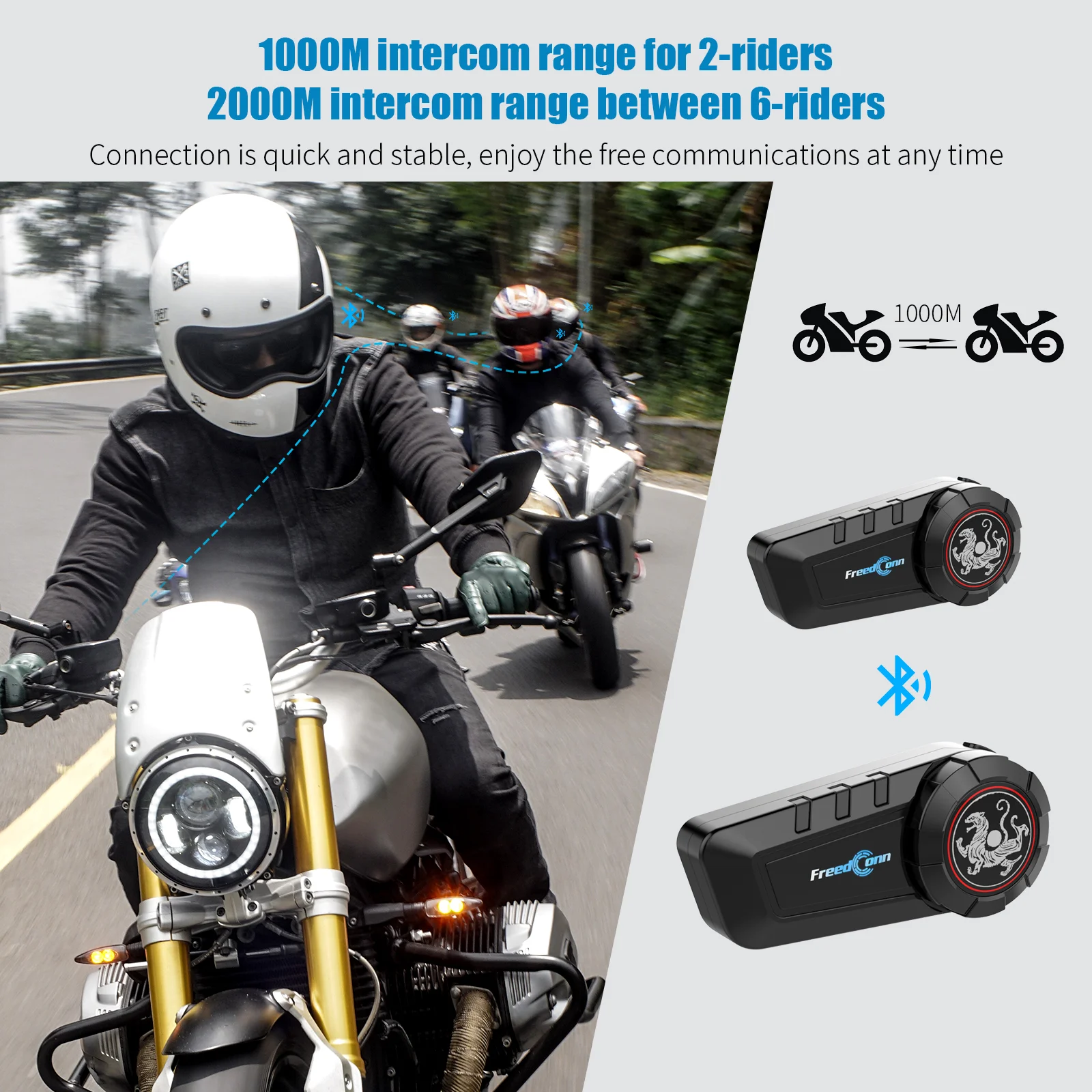 KY Pro Motorcycle Intercom BT Headset Motorbike 6 Riders 1000M moto Group FM Radio Waterproof Interphone
