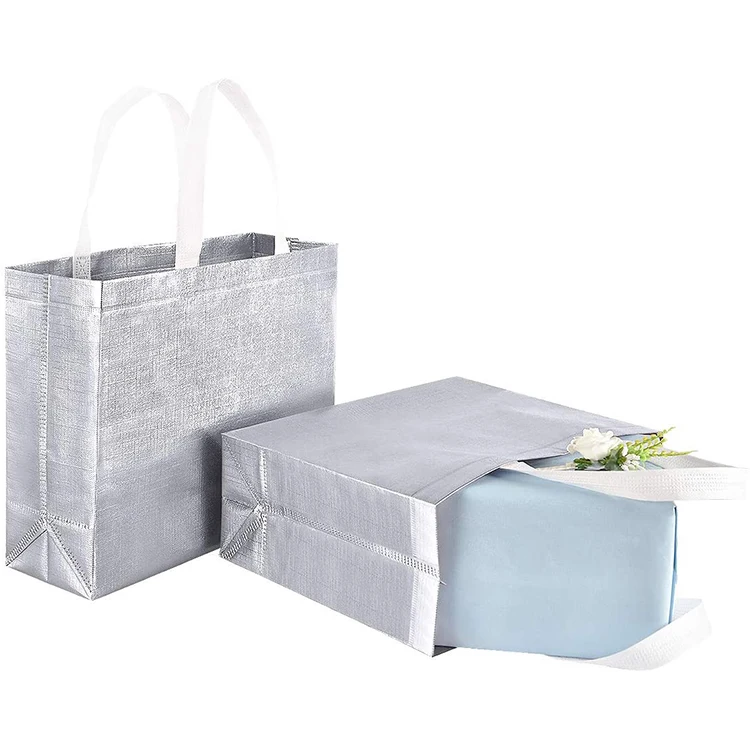 custom logo cheap indian nonwoven silver glossy metal foil christmas wedding shopping gift bag with handle for party favors