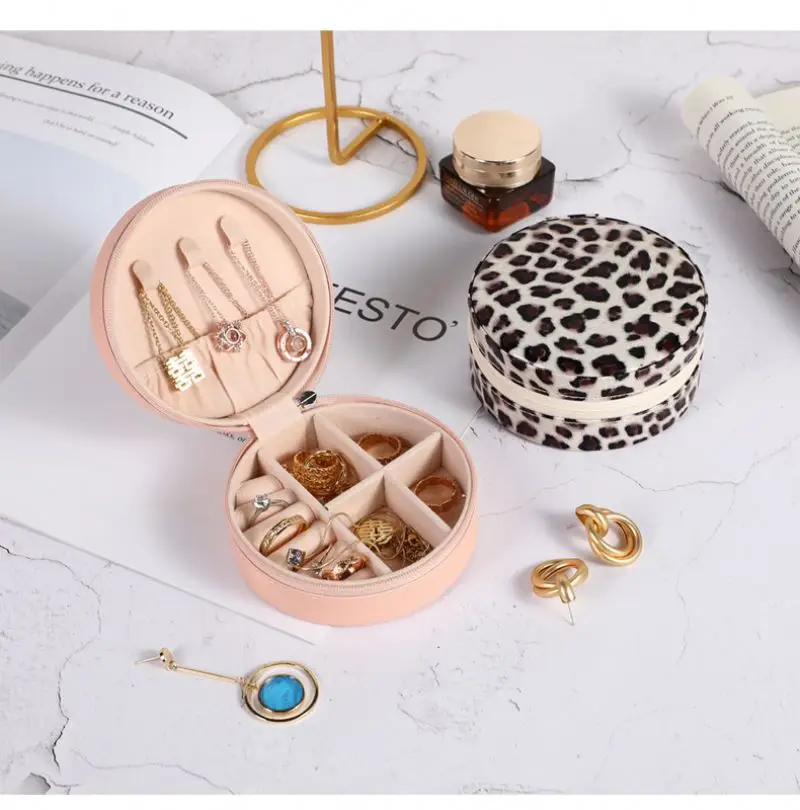 New Product Small Round Leather Jewelry Box Travel Jewelry Case Storage Organizer