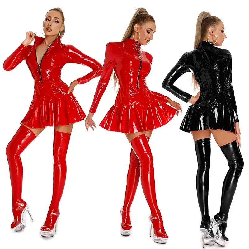 MOGlovers Sexy Women Long Sleeve Shiny Patent Leather Stage Nightclub Performance Dress Tight One Piece Costume