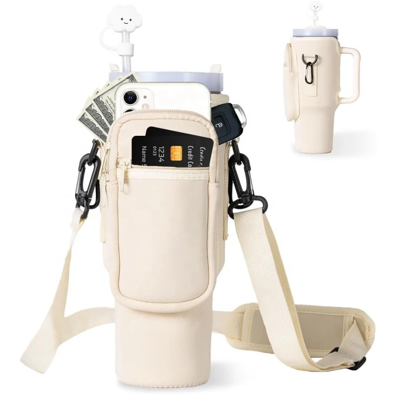 Custom Coffee Cup Sleeve Drinks Bottle Mug Sleeve Phone Holder Neoprene Mug Holder with Shoulder Belt