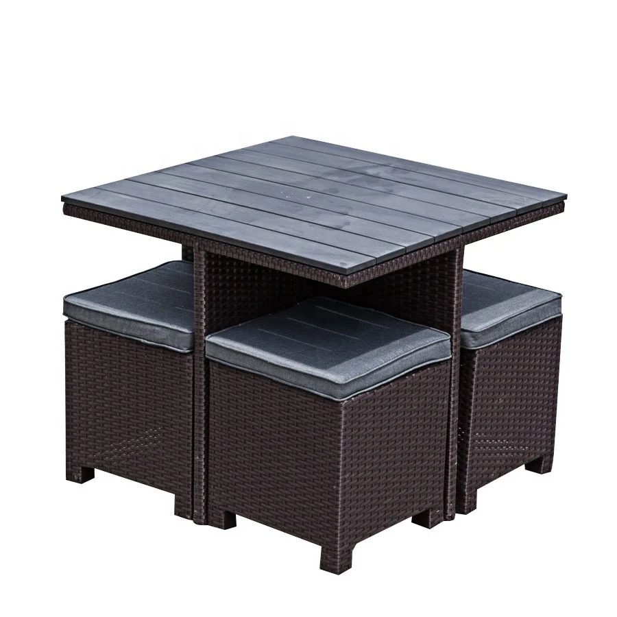 Wood Slat Dining Set Plastic wood Table Footstools Simple Design Outdoor Furniture Garden Rattan Sofa Set