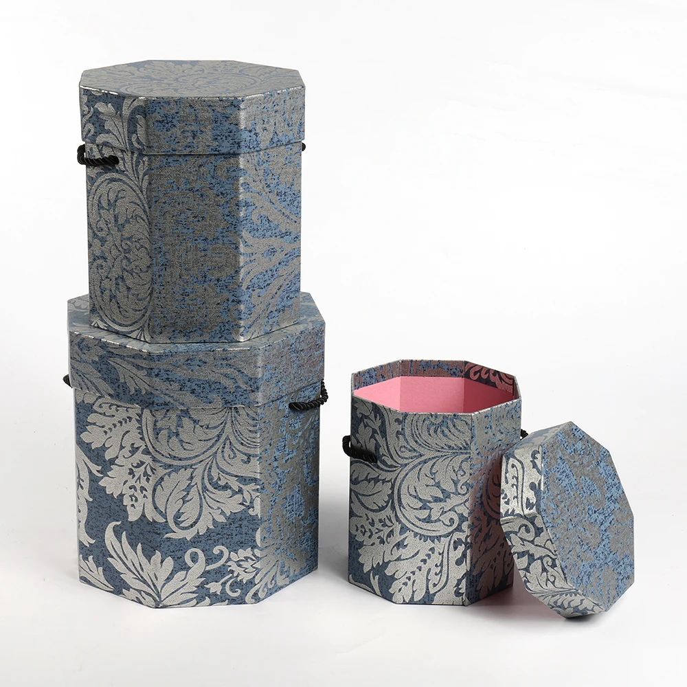 New desgin Vintage pattern three-piece octagonal box with rope flowers gift box flower Box