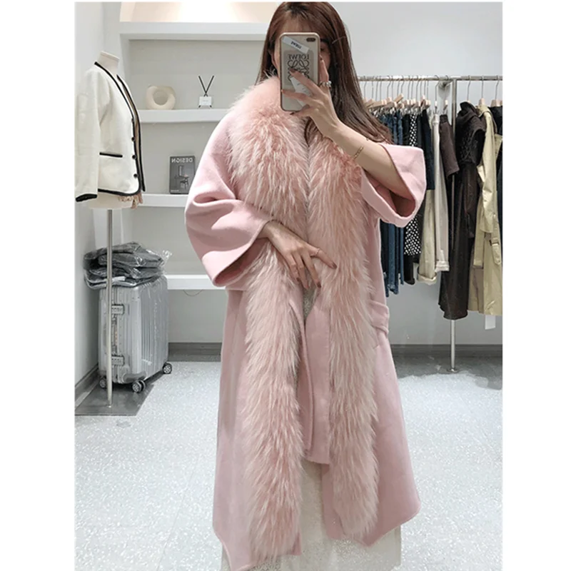 Winter Warm Plus Size Luxury Trench Pink Wool Coat With Fur Long Cashmere Jacket Real Fox Raccoon Fur Coat Women Detachable