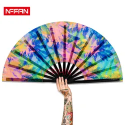 UV Reflective 33cm Large Bamboo Fabric Rave Hand Fan Disco Dancing Festival Clack Folding Fan