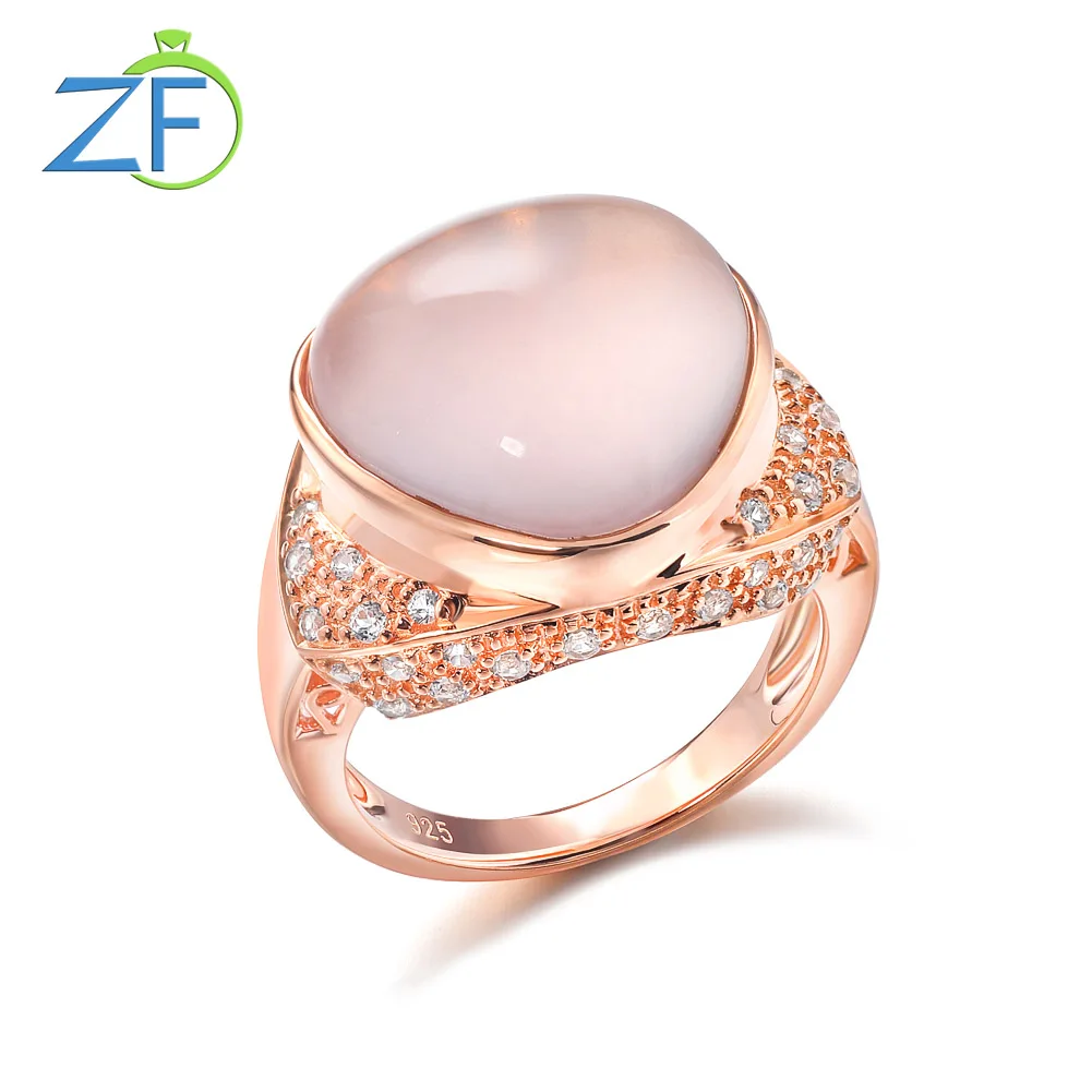 GZ ZONGFA Triangle Cut Natural Pink Quartz Gems 10ct 925 Sterling Silver Ring for Women 14K Rose Gold Plated Fine Jewelry