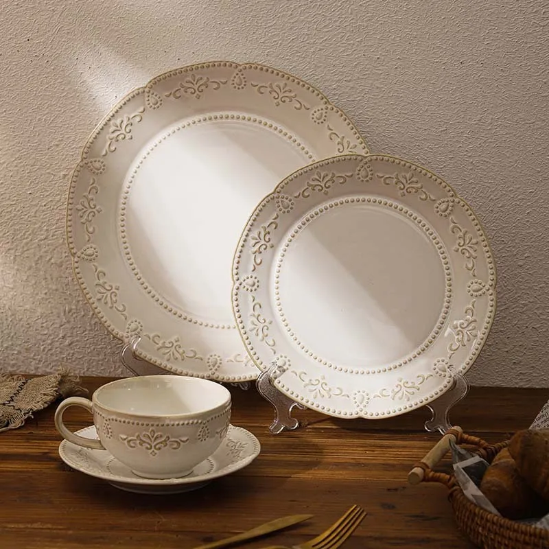 Набор рельефных керамических тарелок в Европейском стиле ретро дворцовая печь кружева семейная посуда кофейные чашки для завтрака сушильная тарелки