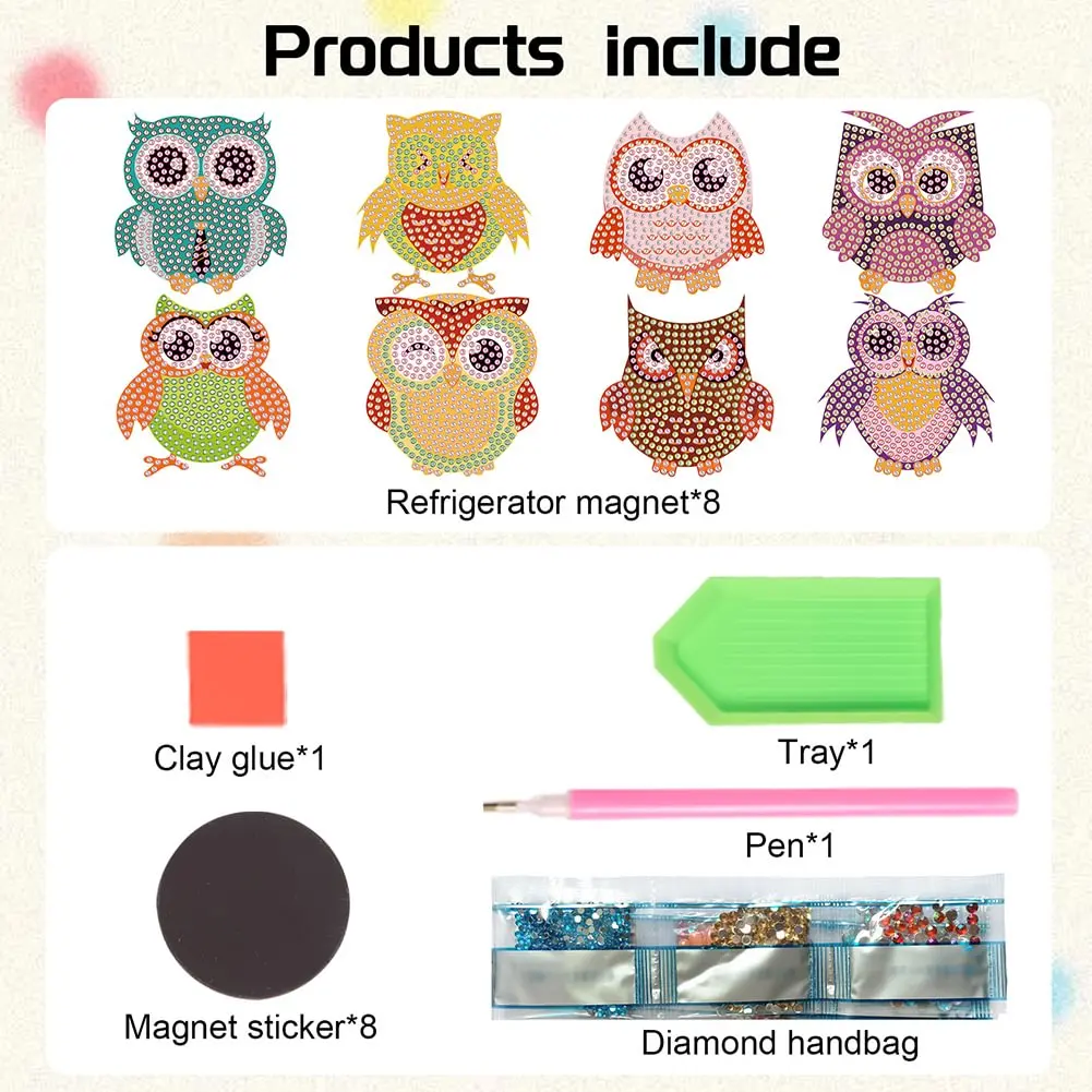 8Pcs Diamond Painting Owl Fridge Stickers  5D DIY Craft Magnet