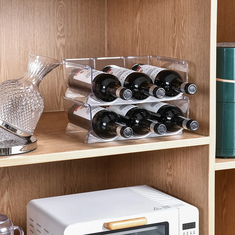 Modern Stackable Clear Plastic Wine Bottle Holder Stand for Kitchen Countertops Pantry Fridge