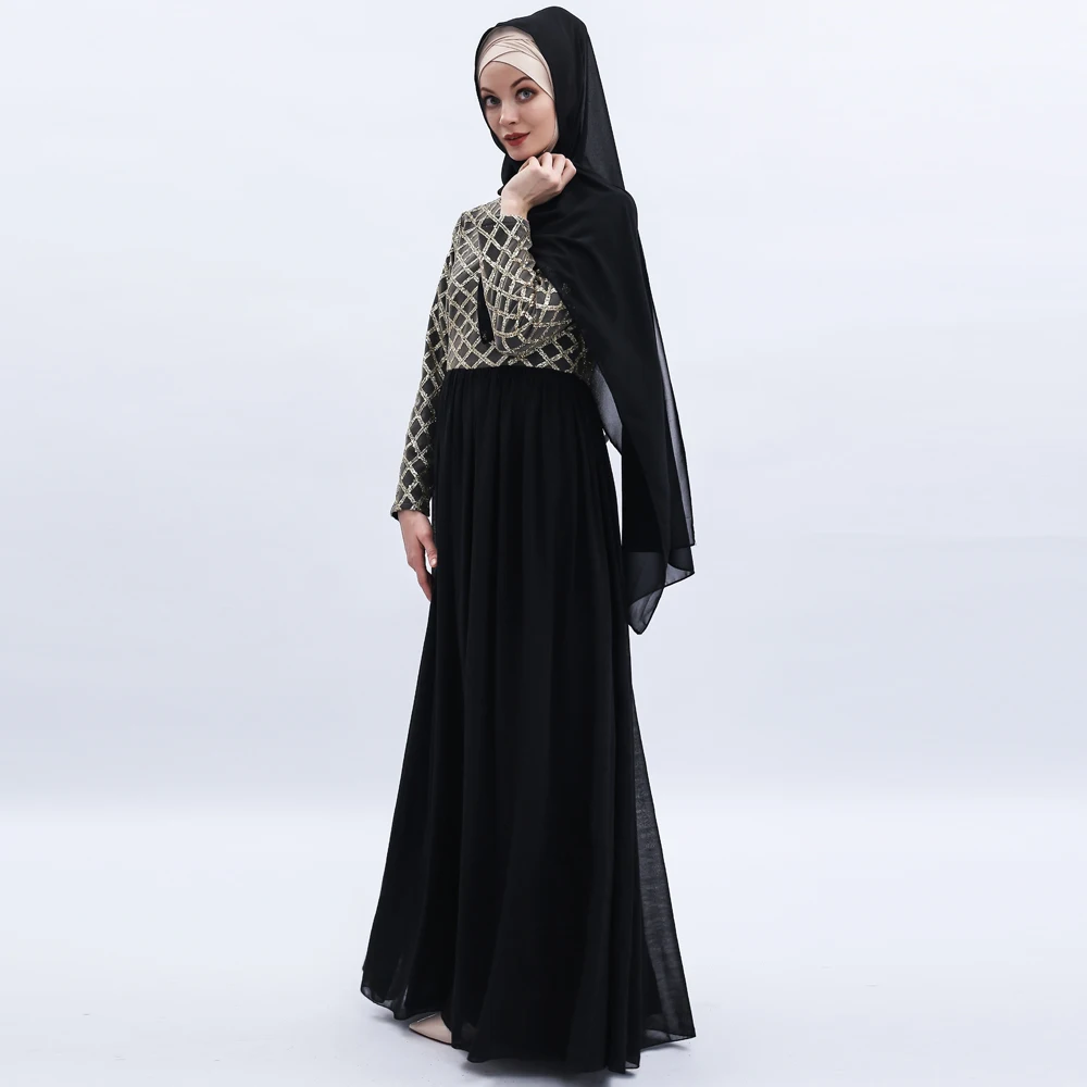 Turkish national style dress, long skirt, sequined mesh chiffon skirt Simple Modern Islamic Arabic Style Casual Dress 9510