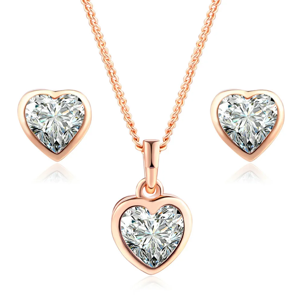 
simple wedding jewelry set chain women heart stud earring charm necklace set 