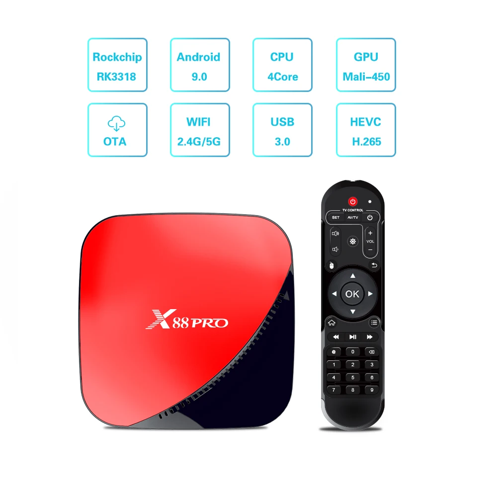 RK3318 Quad Core Android 9.0 Smart TV BOX 4/64GB 4K 2.4/5G Dual Band WIFI TV Box X88 PRO the same as h96 max A95X R3