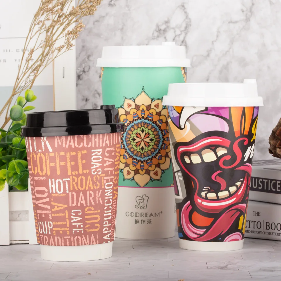 Disposable Kraft Paper Cups Custom Logo Printed Coffee Cup with Vented pp lids