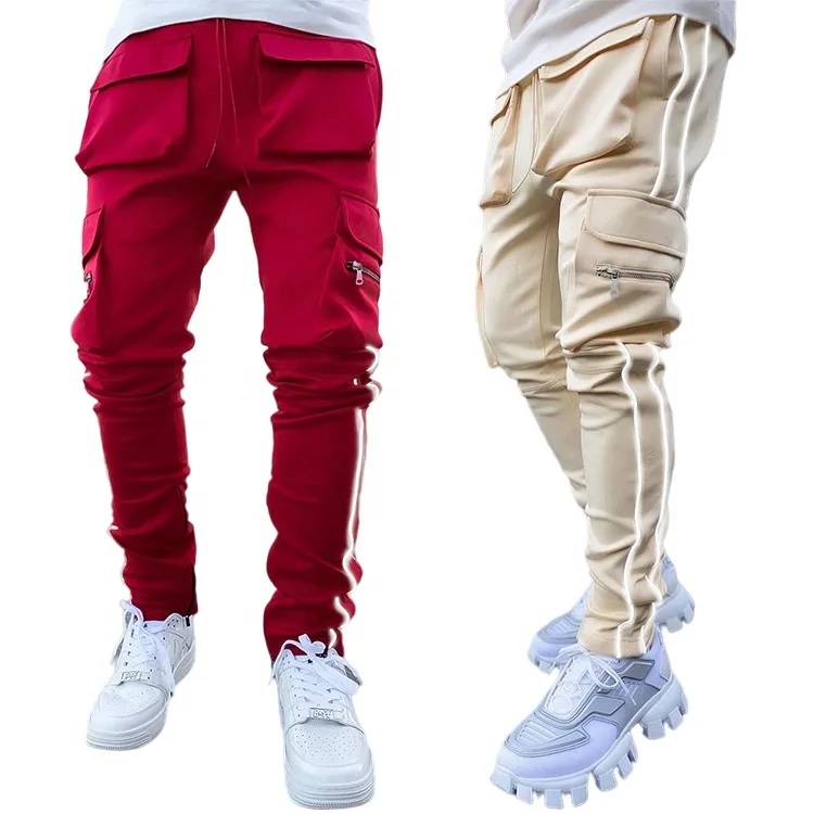 2022 New Mens Cargo Pants Custom Logo Reflective Stripe Stretch Sports Fitness Men Jogger Pants Trousers Pantalones Para Hombre