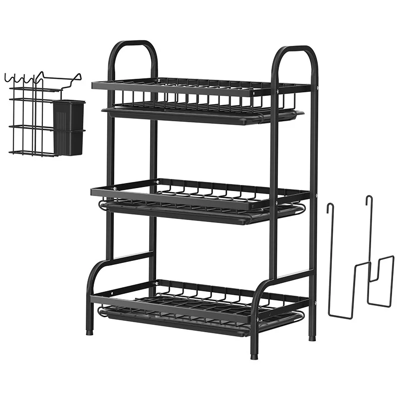 Over the Sink Shelf Cutting Board Cutlery Holder Dish Drying Drainer Rack for Kitchen 2-tier 3 Tier Stainless Steel Metal Black