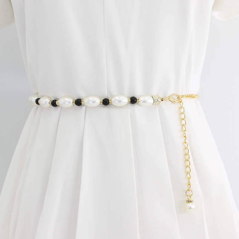 2023 Vintage  New Hot Sale white Pearl Chain Belts for women waist belly strap for girls ladies designer dresses