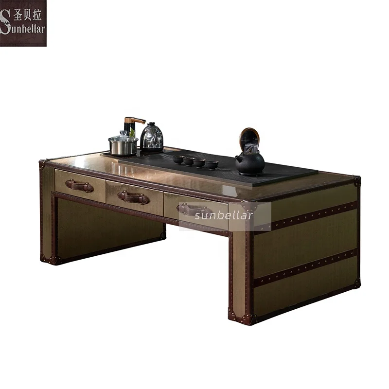luxury metal steel coffee table with induction cooker living room center table with drawers loft industrial trunk coffee table