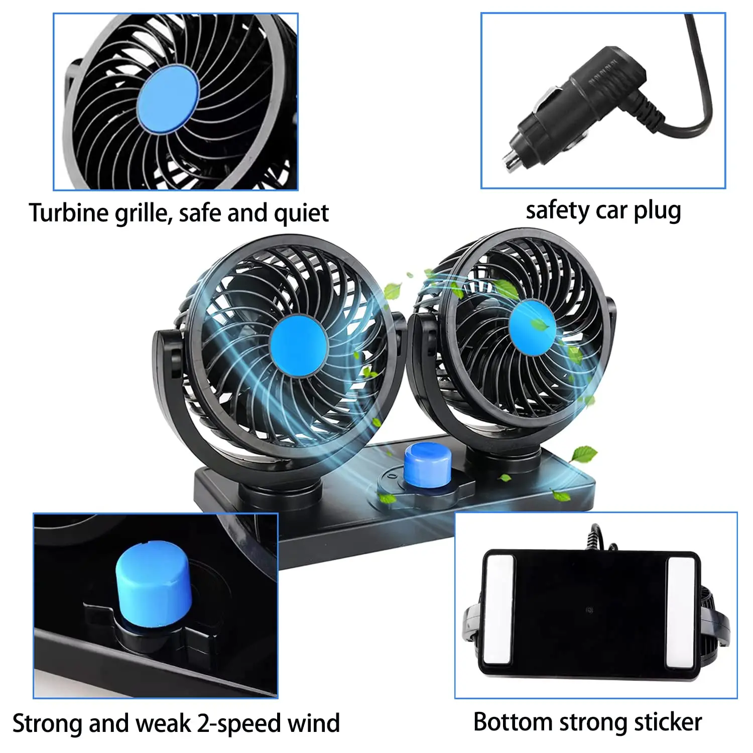 12V/24V  Electric Dual Head Cooling Air 360 Degree Rotatable Car Cooling Air Fan Brushless Fan 12V Car