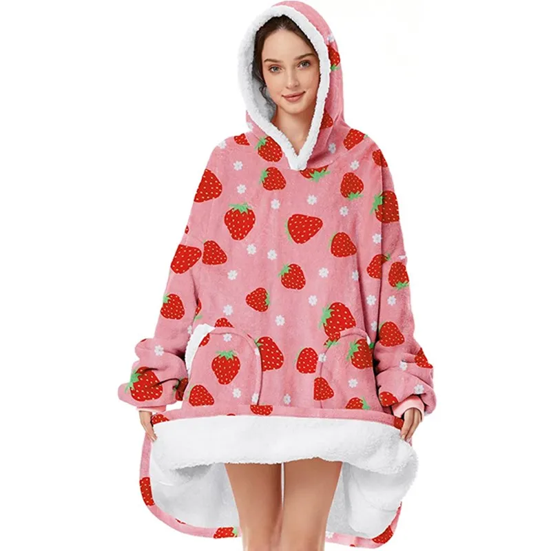 Strawberry Pattern Super Soft Flannel Sherpa Fleece Oversized Hoodie Blanket with Pocket