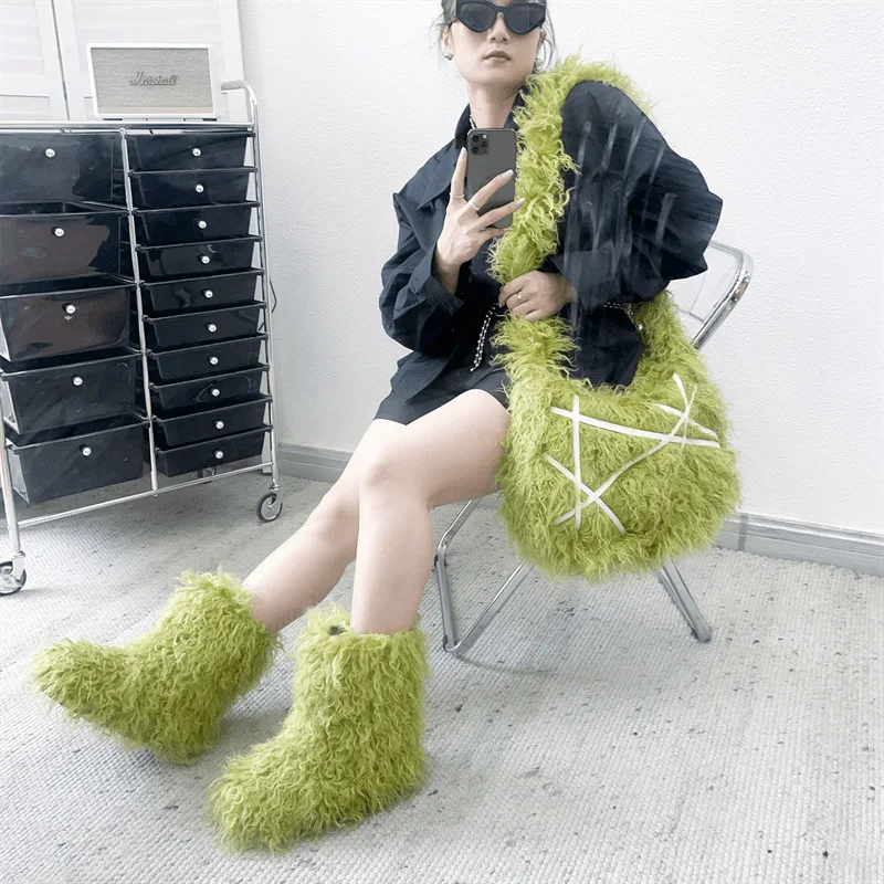 Hot Sales winter knee high boots and bags set fashion mongolian fur boots matching shoes and faux fur bags set for women